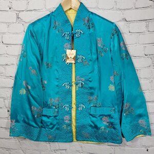 Vtg Solz Squirrel Aqua Blue Floral Reversible Kimono Embroidered Jacket Medium